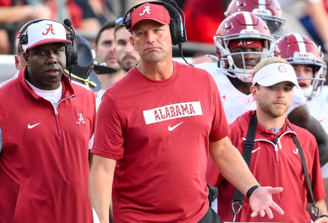 Alabama coach Kalen DeBoer gestures on the sidelines during his team's 2024 game against Vanderbilt at FirstBank Stadium.