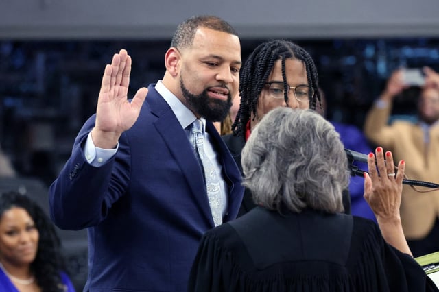 Jason House takes the oath of office as mayor of Dolton Monday, May 5, 2025. House defeated Tiffany Henyard, whose administration was shrouded in controversy. (Terrence Antonio James/Chicago Tribune)