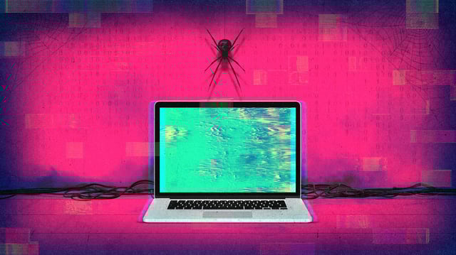 Photo composite of a spider hanging above a laptop computer 