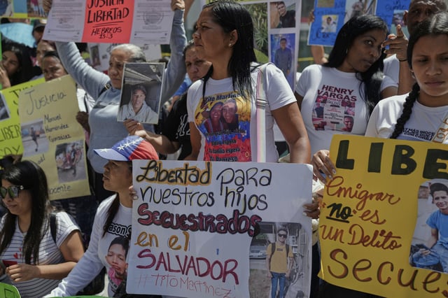 The relatives of Venezuelan migrants in the U.S. who were flown to a prison in El Salvador by the U.S. government who alleged they were members of the Tren de Aragua gang, protest outside of the United Nations building in Caracas, Venezuela, Wednesday, April 9, 2025.