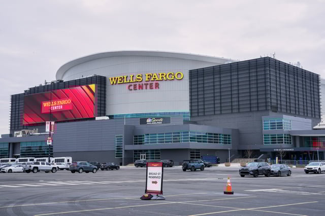 FILE - The Wells Fargo center in Philadelphia is seen on Jan. 13, 2025. (AP Photo/Matt Rourke, File)