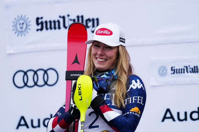 Mar 27, 2025; Sun Valley, ID, USA; Race winner Mikaela Shiffrin of the United States celebrates on the podium after winning the slalom alpine skiing race in the 2025 FIS Ski World Cup at Sun Valley. Mandatory Credit: Christopher Creveling-Imagn Images/File Photo