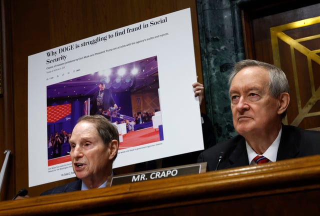 Senate Finance Committee Ranking Member Sen. Ron Wyden (D-OR) (L) and Committee Chairman Sen. Mike Crapo (R-ID) question Frank Bisignano, U.S. President Donald Trump's nominee to be Commissioner of Social Security Administration, during his confirmation hearing at the Dirksen Senate Office Building on March 25, 2025 in Washington, DC. Bisignano, CEO of financial technology company Fiserv, faced questions over proposed DOGE cuts and the agency's ability to process and distribute benefit checks.