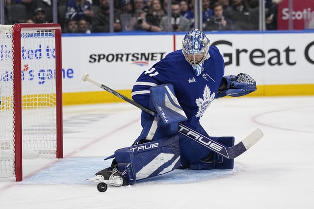 May 5, 2025; Toronto, Ontario, CAN; Toronto Maple Leafs goaltender Anthony Stolarz (41) makes a toe save against the Florida Panthers during the second period of the second round of the 2025 Stanley Cup Playoffs at Scotiabank Arena. Mandatory Credit: John E. Sokolowski-Imagn Images/File Photo