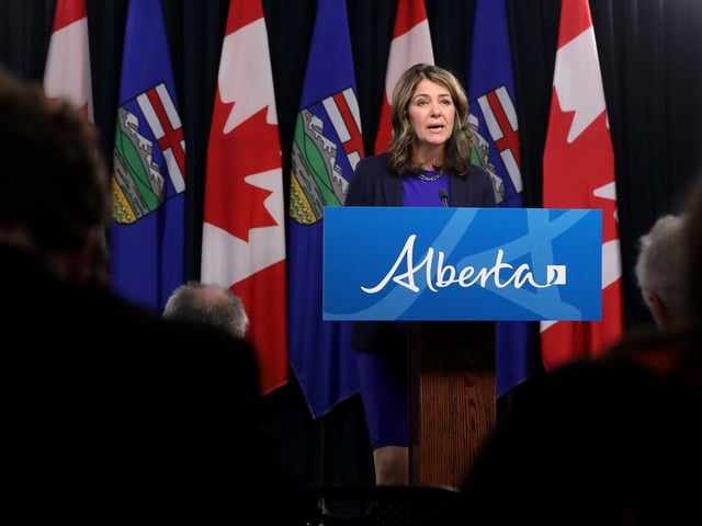 Premier Danielle Smith speaks to reporters during a press conference at the Alberta Legislature, in Edmonton Tuesday May 6, 2025.