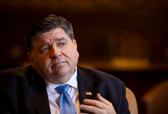 Gov. JB Pritzker speaks from his ceremonial office after delivering his annual budget address on Feb. 19, 2025, at the Illinois State Capitol in Springfield. (Brian Cassella/Chicago Tribune)