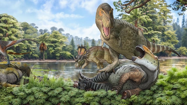 The piece illustrates the disparity of the Northern and Southern hemisphere’s evolution of terrestrial Cretaceous faunas after the Cretaceous Thermal Maximum. On the left, End Cretaceous Southern Hemisphere (Western Gondwana) became dominated by Megaraptorids theropods and titanosaur sauropods. The centre of the piece summaries the extinction event of terrestrial fauna at the Cretaceous Thermal Maximum, where the apex predators the carcharodontosaurids allosaurs went extinct and tyrannosauroids (including megaraptoran and the ancestors of Tyrannosaurus rex) were small. On the right, the end Cretaceous Northern Hemisphere fauna dominated by Tyrannosaurids (such as Tyrannosaurus rex), hadrosaurs and ceratopsian ornithischian dinosaurs. The environment also became more mesic represented by the landscape compared to the more semi-arid seasonal environment earlier in the Cretaceous.