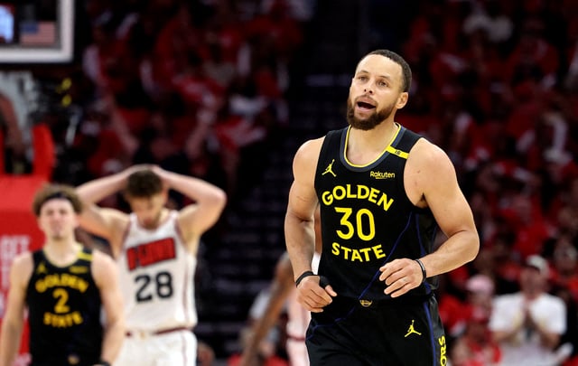 May 4, 2025; Houston, Texas, USA; Golden State Warriors guard Stephen Curry (30) reacts after scoring a basket during the second half of game seven of the first round for the 2025 NBA Playoffs against the Houston Rockets at Toyota Center. Mandatory Credit: Troy Taormina-Imagn Images/File Photo