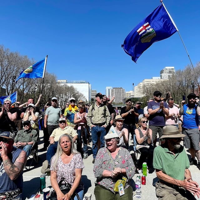 People gather in support of Alberta becoming a 51st state during a rally at the Legislature in Edmonton, on Saturday, May 3, 2025. THE CANADIAN PRESS/Jason Franson