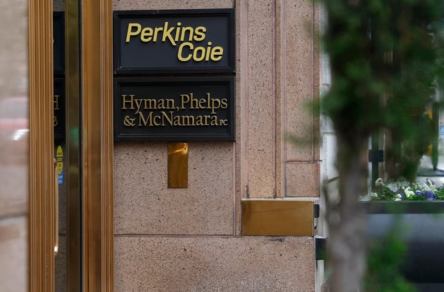 The office of the law firm Perkins Coie is seen on April 10 in Washington, DC.
