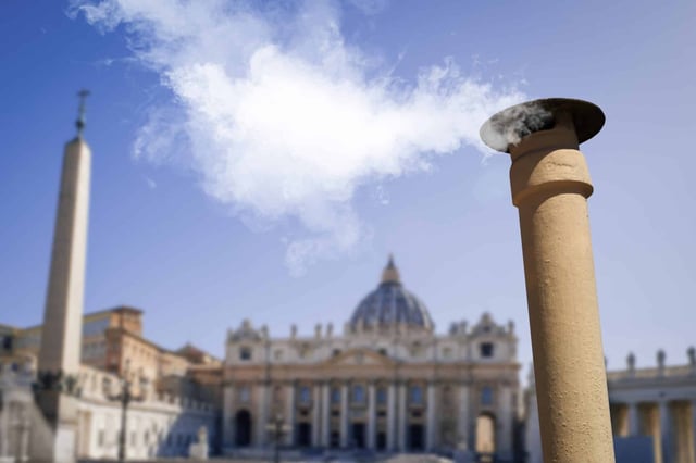 White smoke from the chimney on top of the Sistine Chapel indicates that the Pope has been elected. (Conceptual image by MartiBstock on Shutterstock)