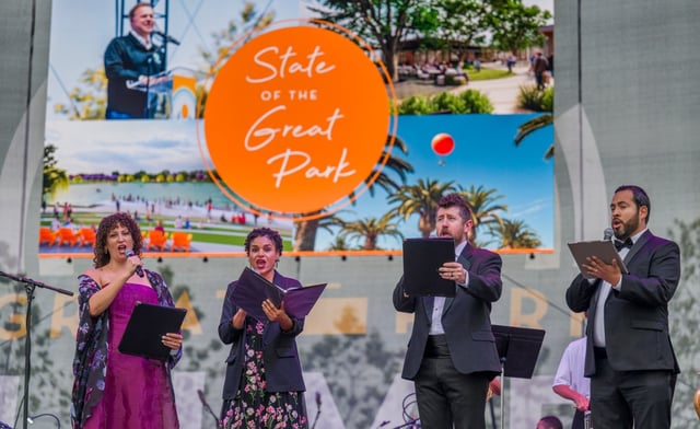 Members of the Lyric Company of Orange County, accompanied by the OC Music and Dance Ensemble  and the Pacific Symphony, sing the National Anthem during the State of the Great Park event at the Great Park in Irvine on Tuesday, May 6, 2025. (Photo by Leonard Ortiz, Orange County Register/SCNG)