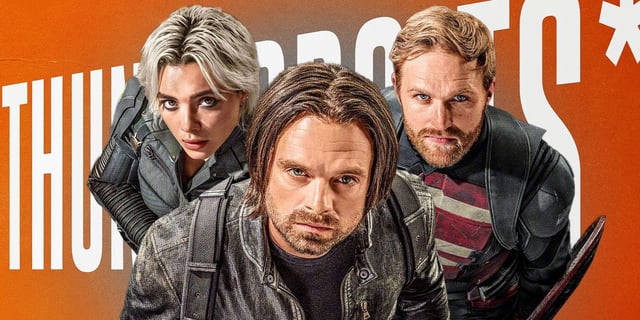 Yelena (Florence Pugh) Bucky (Sebastian Stan) and John Walker (Wyatt Russell) with text "Thunderbolts."