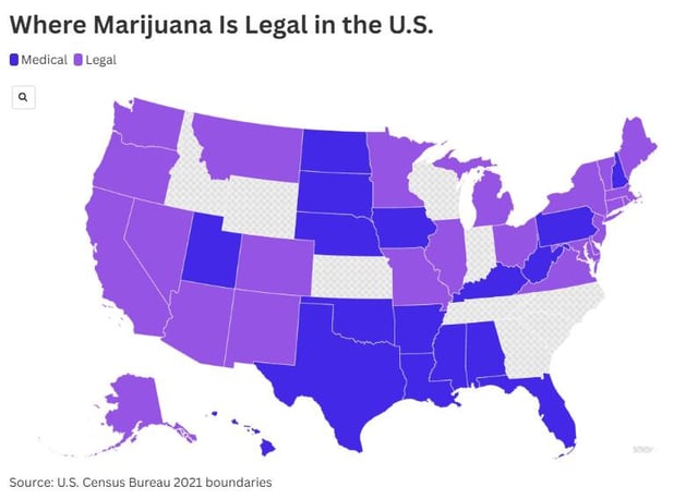 A Flourish map shows which states allow legal and medical marijuana.