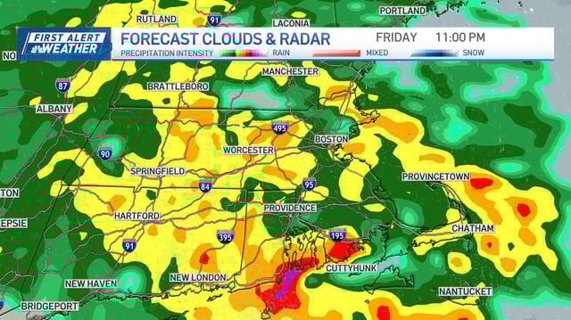 Sometimes heavy rain that’s expected to fall across the Boston area late Friday, May 9, 2025.