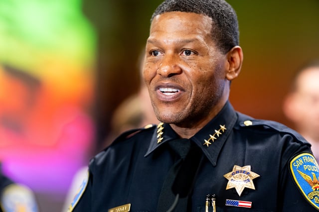 San Francisco Police Chief Bill Scott speaks during a press conference at SFPD’s Realtime Investigations Center in San Francisco on Wednesday, April 9, 2025.