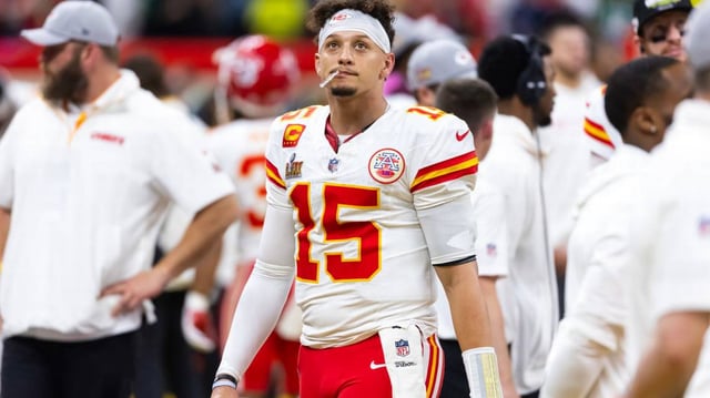 Feb 9, 2025; New Orleans, LA, USA; Kansas City Chiefs quarterback Patrick Mahomes (15) reacts against the Philadelphia Eagles in Super Bowl LIX at Ceasars Superdome. Mandatory Credit: Mark J. Rebilas-Imagn Images