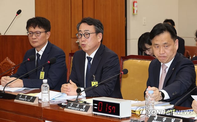 SK Telecom Co. Chief Executive Officer (CEO) Ryu Young-sang (C) speaks during a parliamentary session at the National Assembly in Seoul on May 8, 2025. (Yonhap)