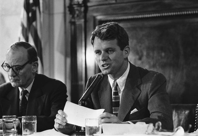 Robert Kennedy, chief counsel of the Senate Labor Rackets Committee on investigations is shown at the hearing on March 19, 1957 in Washington at a hearing.