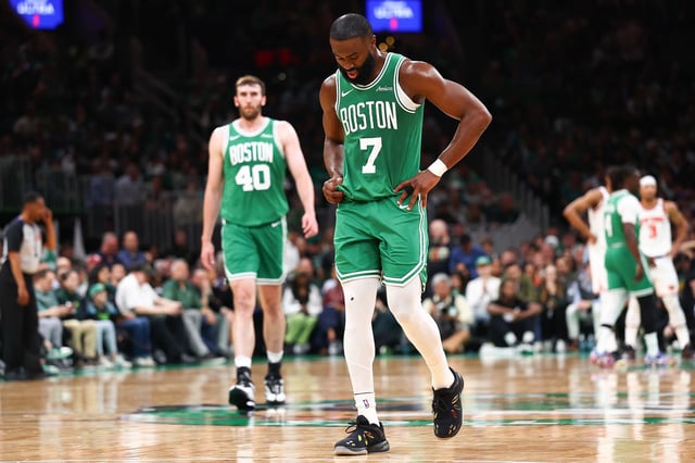 BOSTON, MASSACHUSETTS - MAY 07:  Jaylen Brown #7 of the Boston Celtics reacts during the second quarter against the New York Knicks in Game Two of the Eastern Conference Second Round NBA Playoffs at TD Garden on May 07, 2025 in Boston, Massachusetts. NOTE TO USER: User expressly acknowledges and agrees that, by downloading and or using this photograph, User is consenting to the terms and conditions of the Getty Images License Agreement. (Photo by Maddie Meyer/Getty Images)