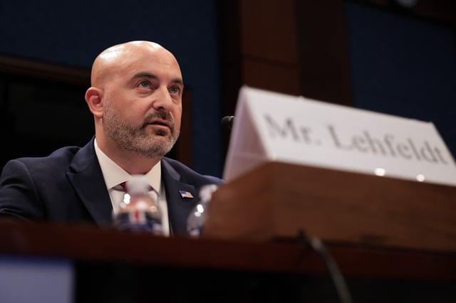 USA Fencing board director Damien Lehfeldt speaks during the hearing on “Unfair Play: Keeping Men Out of Women’s Sports&#34; at the U.S. Capitol on May 07, 2025 in Washington, DC.