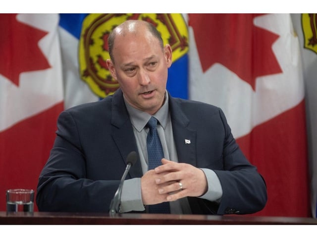 Environment Minister Tim Halman answers questions from reporters about changes to the environmental assessment process at a news conference at One Government Place in Halifax on Thursday, May 8, 2025.
