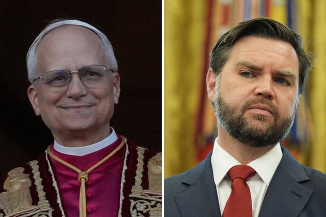 (Left) Newly elected Pope Leo XIV appears at the balcony of St. Peter&#39;s Basilica at the Vatican, Thursday, May 8, 2025. (Right) Vice President JD Vance listens as President Donald Trump speaks with reporters after announcing a trade deal with United Kingdom in the Oval Office of the White House, Thursday, May 8, 2025, in Washington.