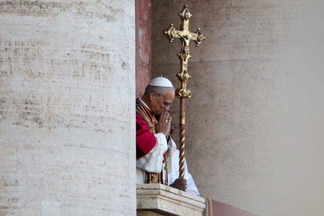 Newly elected Pope Leo XIV, Cardinal Robert Prevost of the United States, appears on the balcony of St. Peter's Basilica at the Vatican on May 8.