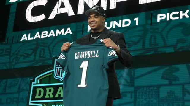 Alabama Crimson Tide linebacker Jihaad Campbell is selected by the Philadelphia Eagles.