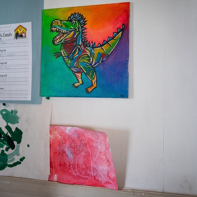 Kids art and school work on the wall in the home of missing siblings Jack, 4, and Lilly Sullivan, 6, in Pictou County, NS, on Thursday, May 8, 2025.