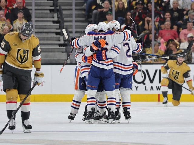 LAS VEGAS, NEVADA - MAY 08: Jake Walman #96 of the Edmonton Oilers celebrates with teammates after scoring a goal against the Vegas Golden Knights in the second period of Game Two of the Second Round of the 2025 Stanley Cup Playoffs at T-Mobile Arena on May 08, 2025 in Las Vegas, Nevada.