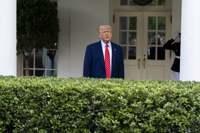Quack Quack: President Donald Trump speaks with reporters in front of the West Wing of the White House, Thursday, May 8, 2025, in Washington.