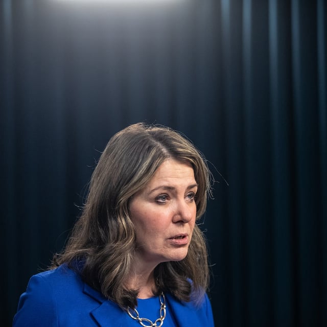 Alberta Premier Danielle Smith announces proposed changes to several pieces of democratic process legislation, in Edmonton on Tuesday, April 29, 2025. THE CANADIAN PRESS/Jason Franson