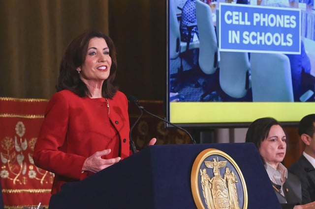 Gov. Kathy Hochul speaks about cell phones in schools while presenting her fiscal year 2026 executive budget in Albany on Jan. 21, 2025.