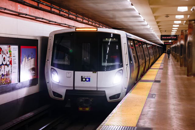 A Bay Area Rapid Transit (BART) train arrives at Powell Street Bart Station on Market Street in San Francisco on Tuesday, April 9, 2024.