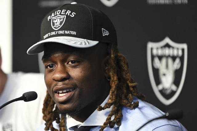 Apr 25, 2025; Henderson, NV, USA; Las Vegas Raiders first round draft pick in the 2025 NFL Draft Ashton Jeanty, speaks to the media at Intermountain Health Performance Center. Mandatory Credit: Candice Ward-Imagn Images/File Photo