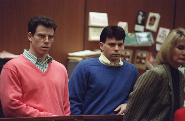 Erik Menendez (L) and his brother Lyle (R) listen during a pre-trial hearing, on December 29, 1992 in Los Angeles after the two pleaded innocent in the August 1989 shotgun deaths of their wealthy parents. 