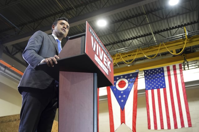 FILE - Vivek Ramaswamy announces his candidacy for Ohio governor, Monday, Feb. 24, 2025, in West Chester Township, Ohio. (AP Photo/Kareem Elgazzar, File)