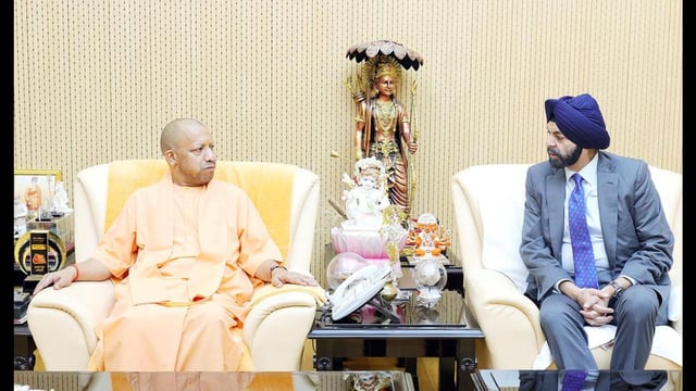 CM Yogi Adityanath with World Bank president Ajay Banga at his official residence in Lucknow on Friday. (HT photo)