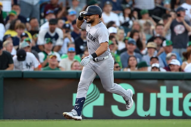 SACRAMENTO, CALIFORNIA - MAY 09: Jasson Domínguez #24 of the New York Yankees celebrates after rounding third base after hitting a solo home run against the Athletics in the third inning at Sutter Health Park on May 09, 2025 in Sacramento, California. (Photo by Scott Marshall/Getty Images)