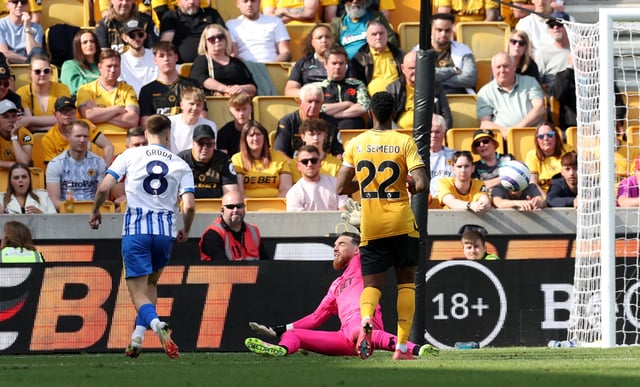 Soccer Football - Premier League - Wolverhampton Wanderers v Brighton & Hove Albion - Molineux Stadium, Wolverhampton, Britain - May 10, 2025 Brighton & Hove Albion's Brajan Gruda scores their second goal past Wolverhampton Wanderers' Jose Sa REUTERS/Chris Radburn
