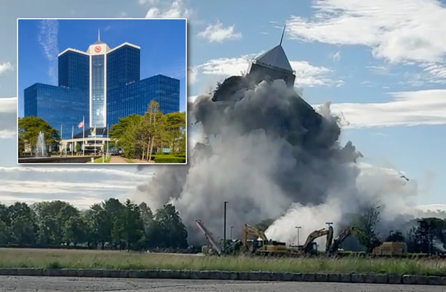 The Sheraton Crossroads Hotel crumbled in a controlled implosion in Mahwah, New Jersey, on Saturday, May 10, 2025. (Township of Mahwah via Facebook; Shutterstock)
