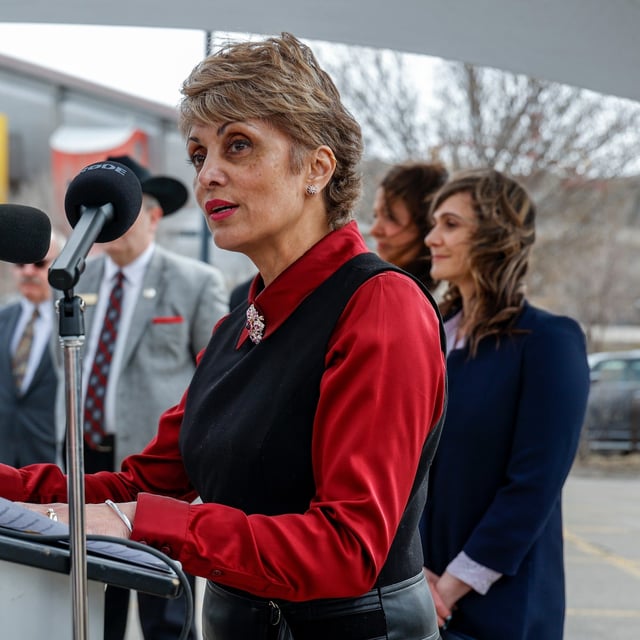 Calgary Mayor Jyoti Gondek speaks at an announcement on plans for an events centre to replace the aging Saddledome in Calgary, Tuesday, April 25, 2023. THE CANADIAN PRESS/Jeff McIntosh