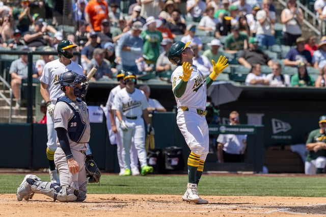 Athletics&#39;s Luis Urías (17) looks to the sky after hitting a solo home run during the second inning of a baseball game against the New York Yankees, Saturday, May 10, 2025, in West Sacramento, Calif. (AP Photo/Sara Nevis)