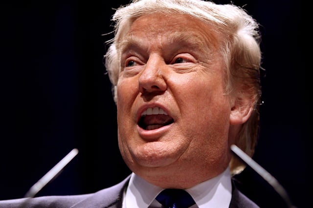 Close up image of Donald Trump speaking at lectern
