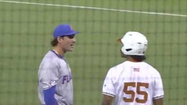 A Texas freshman gets an earful from Florida’s first baseman after a very intense walk.
