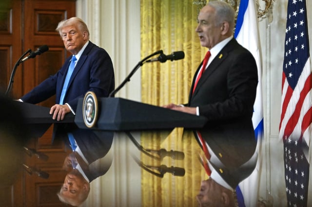 Donald Trump and Benjamin Netanyahu hold a press conference in the East Room of the White House on Feb. 4, 2025.