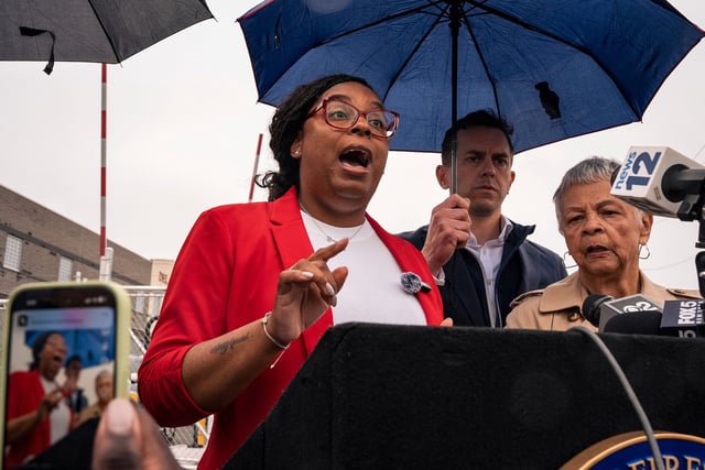 Congresswoman Rep. LaMonica McIver, D-N.J., speaks to the press after Newark mayor Ras Baraka was arrested while protesting at Delancey Hall ICE detention prison, Friday, May 9, 2025, in Newark, N.J.
