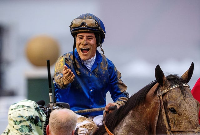 Junior Alvarado celebrates after riding Sovereignty to victory in the 151st Kentucky Derby at Churchill Downs in Louisville, Kentucky on May 3, 2025 Mandatory Credit: Jeff Faughender/USA TODAY NETWORK via Imagn Images/File Photo