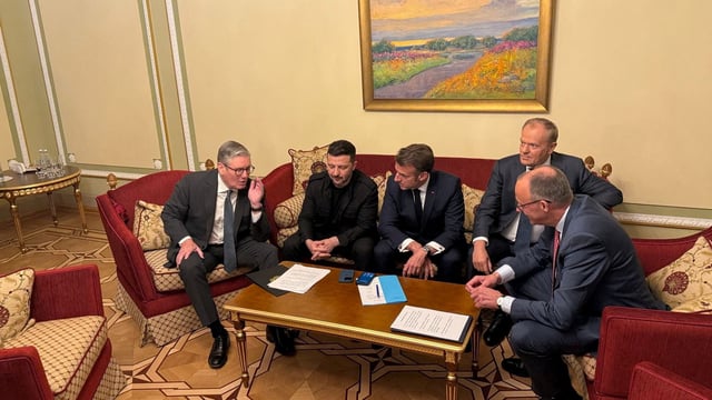 Ukraine's President Volodymyr Zelenskiy, Britain's Prime Minister Keir Starmer, French President Emmanuel Macron, German Chancellor Friedrich Merz and Polish Prime Minister Donald Tusk 